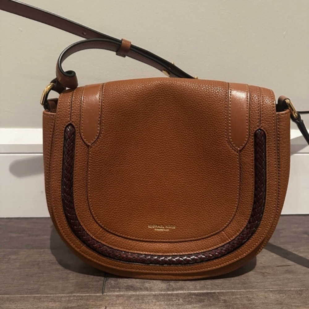 Michael Kors Collection Saddle Crossbody Bag in Tan with Dark Brown Braided Trim